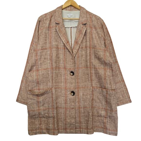J.Jill Women Harper Henna Linen Prep Classic Boyfriend Oversized Plaid Blazer XL - Picture 2 of 12